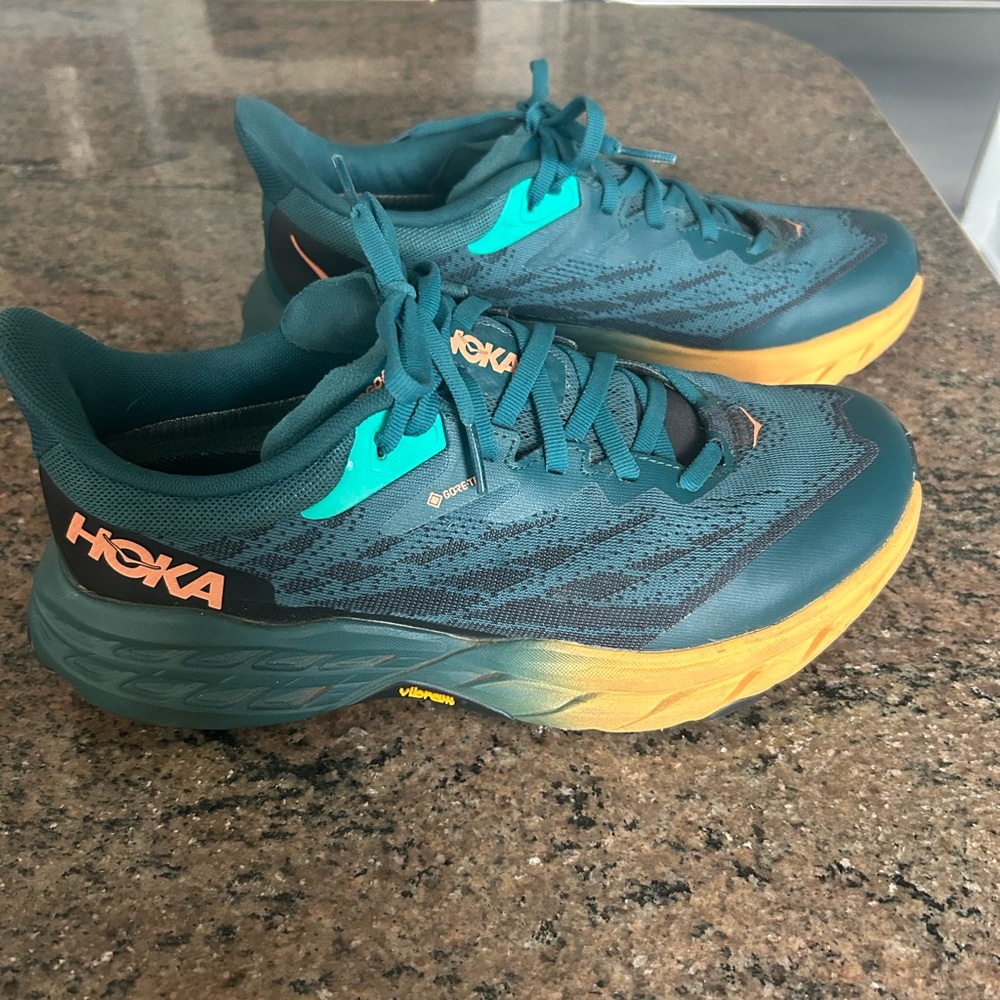 Hoka Vibram Teal and Orange Running Shoes